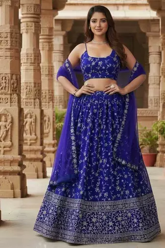 Enchanting Blue Zari, Sequence Embroidered Georgette Indian wedding Designer lehenga choli