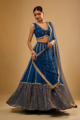 Delightful Blue Sequence Embroidered with Ruffle Border Georgette Indian wedding Designer lehenga choli 1