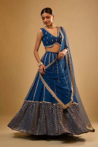 Delightful Blue Sequence Embroidered with Ruffle Border Georgette Indian wedding Designer lehenga choli