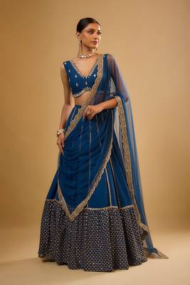 Delightful Blue Sequence Embroidered with Ruffle Border Georgette Indian wedding Designer lehenga choli 2