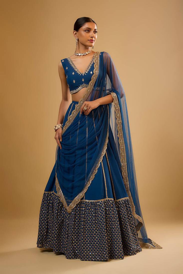 Delightful Blue Sequence Embroidered with Ruffle Border Georgette Indian wedding Designer lehenga choli