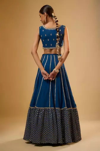 Delightful Blue Sequence Embroidered with Ruffle Border Georgette Indian wedding Designer lehenga choli