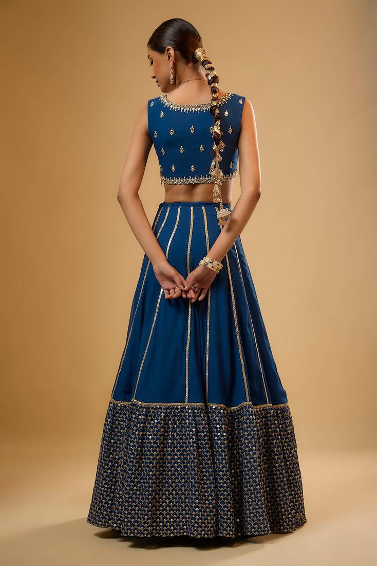 Delightful Blue Sequence Embroidered with Ruffle Border Georgette Indian wedding Designer lehenga choli