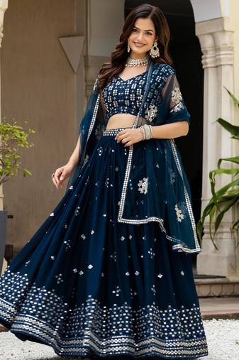 Fetching Teal zari, sequence heavy Embroidered Faux Georgette Indian wedding Designer lehenga choli