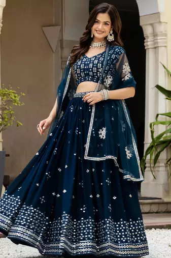 Fetching Teal zari, sequence heavy Embroidered Faux Georgette Indian wedding Designer lehenga choli