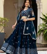 Fetching Teal zari, sequence heavy Embroidered Faux Georgette Indian wedding Designer lehenga choli