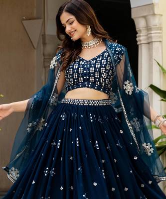 Fetching Teal zari sequence heavy Embroidered Faux Georgette Indian wedding Designer lehenga choli 3