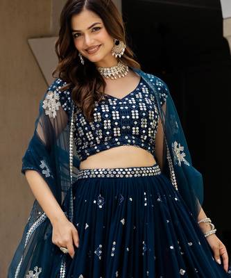 Fetching Teal zari sequence heavy Embroidered Faux Georgette Indian wedding Designer lehenga choli 4