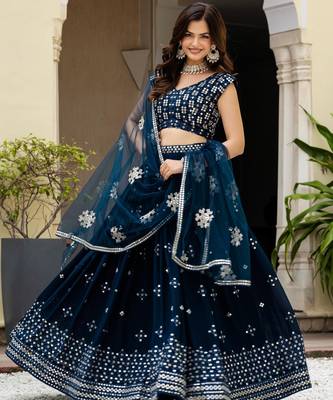 Fetching Teal zari sequence heavy Embroidered Faux Georgette Indian wedding Designer lehenga choli 5