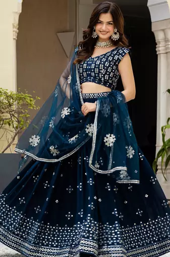 Fetching Teal zari, sequence heavy Embroidered Faux Georgette Indian wedding Designer lehenga choli