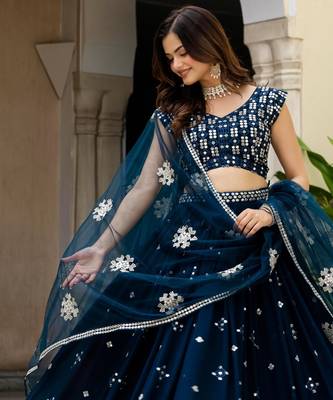 Fetching Teal zari sequence heavy Embroidered Faux Georgette Indian wedding Designer lehenga choli 6