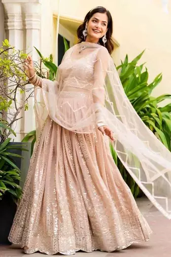 Glamourous Peach Zari and Sequins Embroidered Faux Georgette Indian wedding Designer lehenga choli