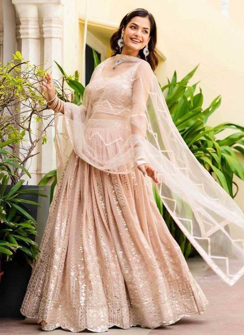 Glamourous Peach Zari and Sequins Embroidered Faux Georgette Indian wedding Designer lehenga choli