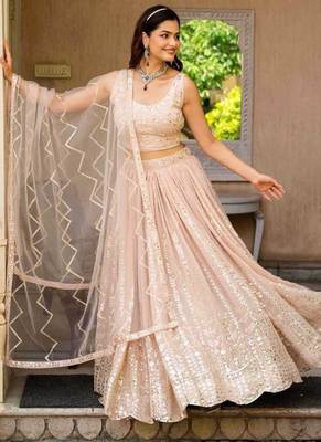 Glamourous Peach Zari and Sequins Embroidered Faux Georgette Indian wedding Designer lehenga choli 3