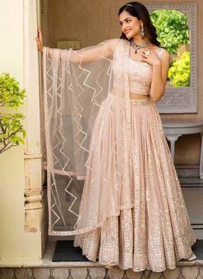 Glamourous Peach Zari and Sequins Embroidered Faux Georgette Indian wedding Designer lehenga choli 4