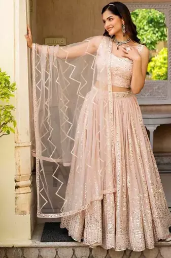 Glamourous Peach Zari and Sequins Embroidered Faux Georgette Indian wedding Designer lehenga choli