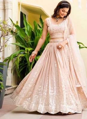 Glamourous Peach Zari and Sequins Embroidered Faux Georgette Indian wedding Designer lehenga choli 5