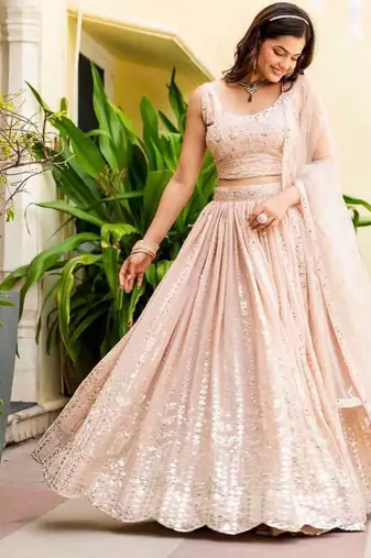Glamourous Peach Zari and Sequins Embroidered Faux Georgette Indian wedding Designer lehenga choli