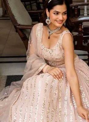Glamourous Peach Zari and Sequins Embroidered Faux Georgette Indian wedding Designer lehenga choli 6