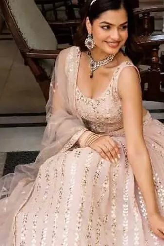 Glamourous Peach Zari and Sequins Embroidered Faux Georgette Indian wedding Designer lehenga choli