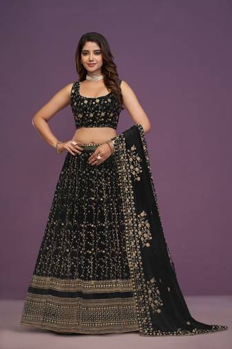 Glamorous Black Zari and Sequins Embroidered Faux Georgette Indian wedding Designer lehenga choli