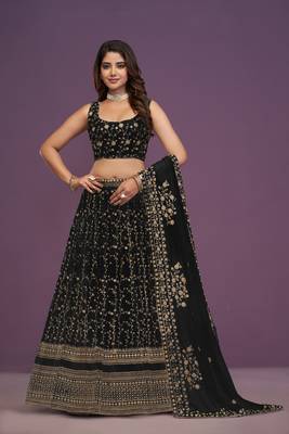 Glamorous Black Zari and Sequins Embroidered Faux Georgette Indian wedding Designer lehenga choli 1