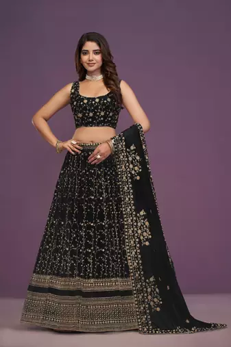 Glamorous Black Zari and Sequins Embroidered Faux Georgette Indian wedding Designer lehenga choli