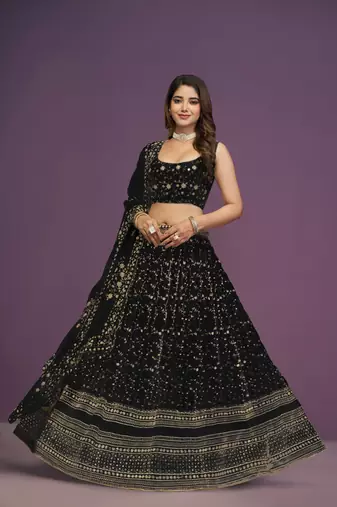 Glamorous Black Zari and Sequins Embroidered Faux Georgette Indian wedding Designer lehenga choli