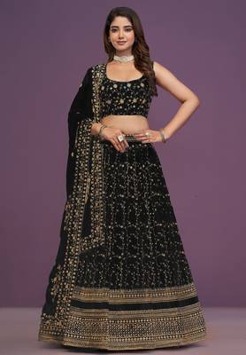 Glamorous Black Zari and Sequins Embroidered Faux Georgette Indian wedding Designer lehenga choli 3