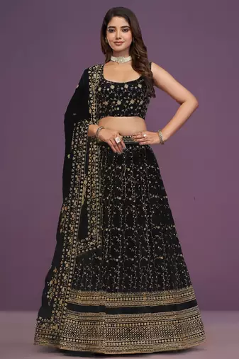 Glamorous Black Zari and Sequins Embroidered Faux Georgette Indian wedding Designer lehenga choli