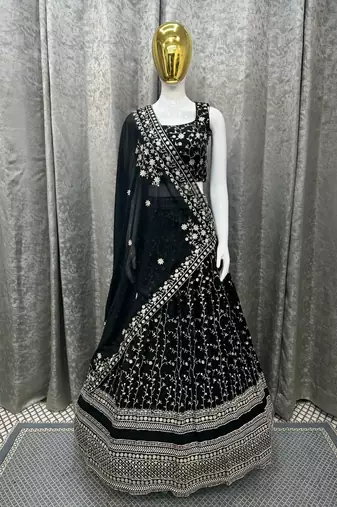 Glamorous Black Zari and Sequins Embroidered Faux Georgette Indian wedding Designer lehenga choli