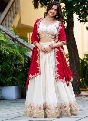 Graceful Cream zari,Sequence, Thread,embroidery Vichitra Silk Indian wedding Designer lehenga choli 1