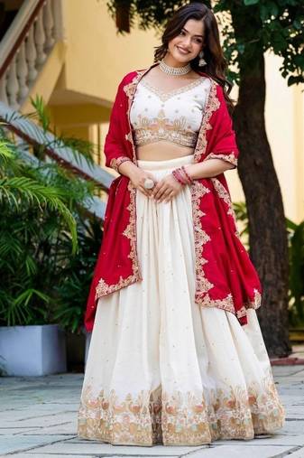 Graceful Cream zari,Sequence, Thread,embroidery Vichitra Silk Indian wedding Designer lehenga choli