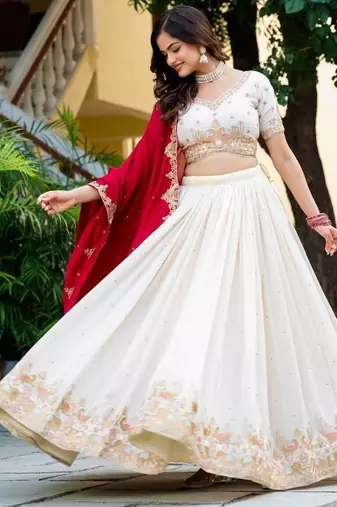 Graceful Cream zari,Sequence, Thread,embroidery Vichitra Silk Indian wedding Designer lehenga choli