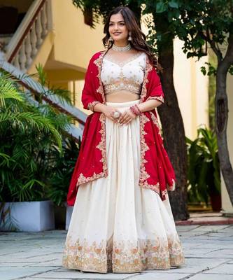 Graceful Cream zari,Sequence, Thread,embroidery Vichitra Silk Indian wedding Designer lehenga choli 4