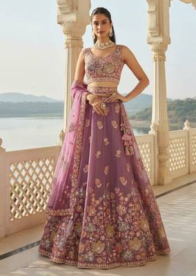 Charming Lilac Zari and Sequins Embroidered Fendy Silk Indian wedding Designer lehenga choli 1