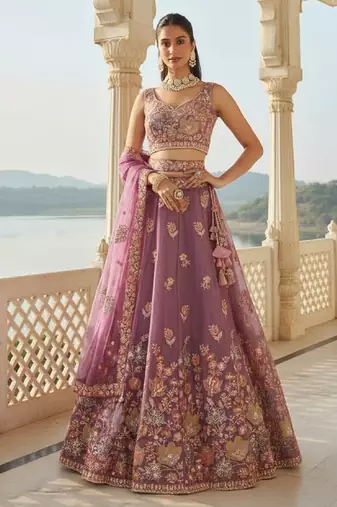 Charming Lilac Zari and Sequins Embroidered Fendy Silk Indian wedding Designer lehenga choli