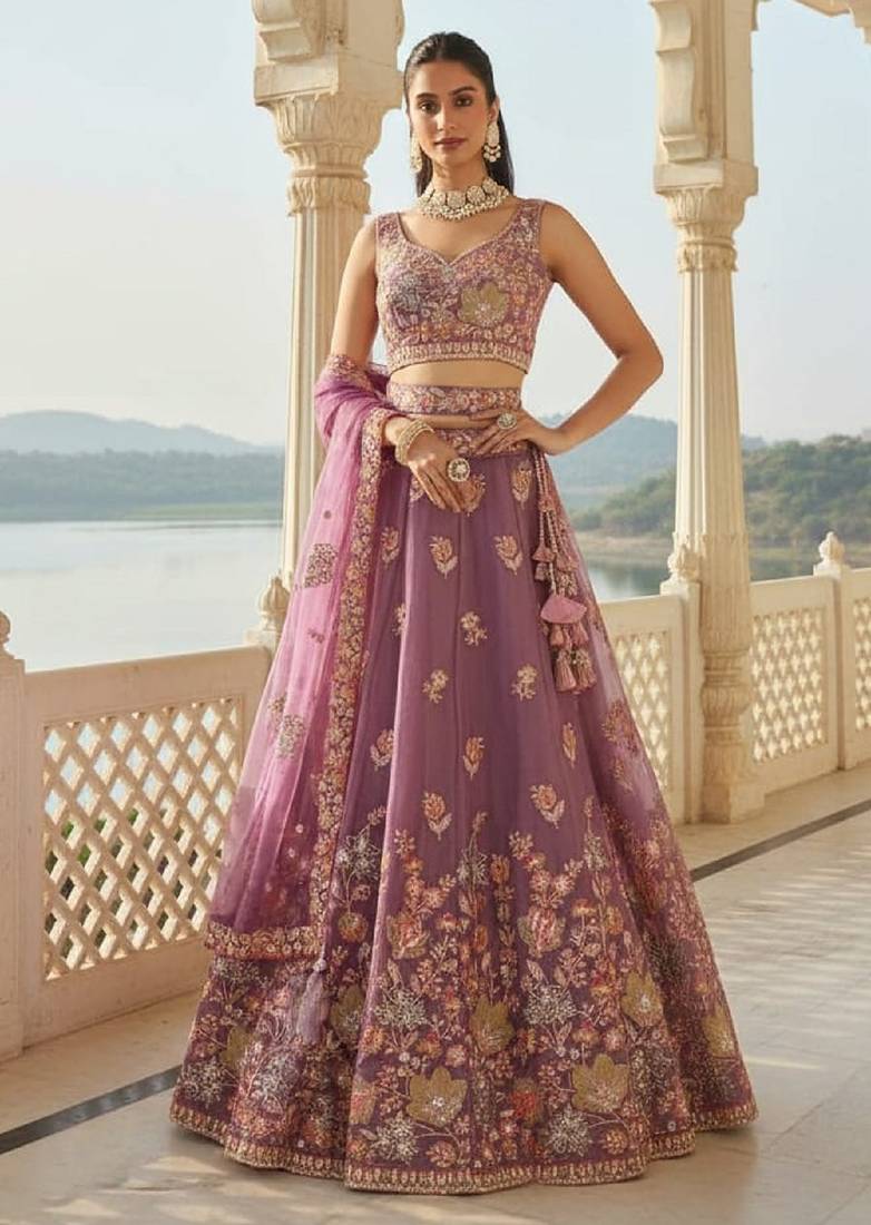 Charming Lilac Zari and Sequins Embroidered Fendy Silk Indian wedding Designer lehenga choli