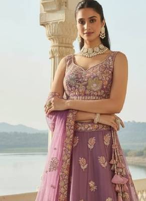 Charming Lilac Zari and Sequins Embroidered Fendy Silk Indian wedding Designer lehenga choli 2