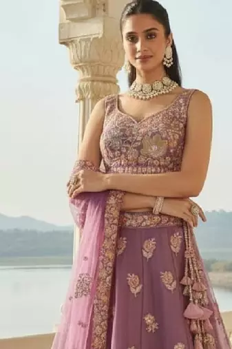 Charming Lilac Zari and Sequins Embroidered Fendy Silk Indian wedding Designer lehenga choli