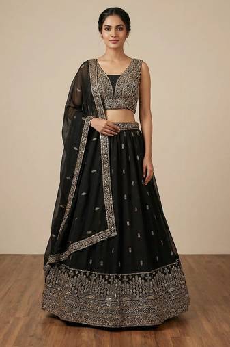 Colorful Black Zari and Sequins Embroidered Faux Georgette Indian wedding Designer lehenga choli