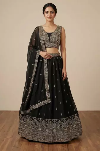 Colorful Black Zari and Sequins Embroidered Faux Georgette Indian wedding Designer lehenga choli
