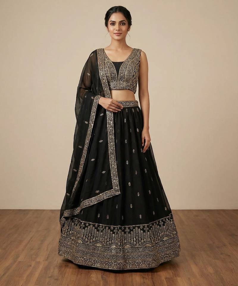 Colorful Black Zari and Sequins Embroidered Faux Georgette Indian wedding Designer lehenga choli