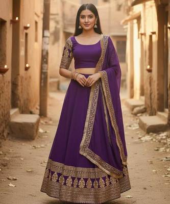 Comely Purple Zari and Sequins Embroidered Faux Georgette Indian wedding Designer lehenga choli 1