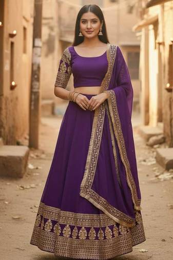 Comely Purple Zari and Sequins Embroidered Faux Georgette Indian wedding Designer lehenga choli