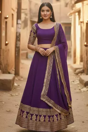 Comely Purple Zari and Sequins Embroidered Faux Georgette Indian wedding Designer lehenga choli