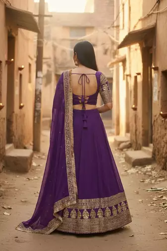Comely Purple Zari and Sequins Embroidered Faux Georgette Indian wedding Designer lehenga choli