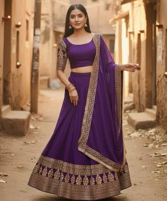 Comely Purple Zari and Sequins Embroidered Faux Georgette Indian wedding Designer lehenga choli 3