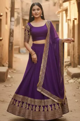Comely Purple Zari and Sequins Embroidered Faux Georgette Indian wedding Designer lehenga choli