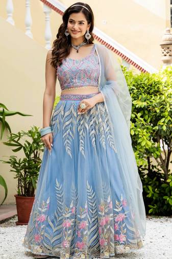 Delightfully Sky-Blue Zari and Sequins Embroidered Net Indian wedding Designer lehenga choli